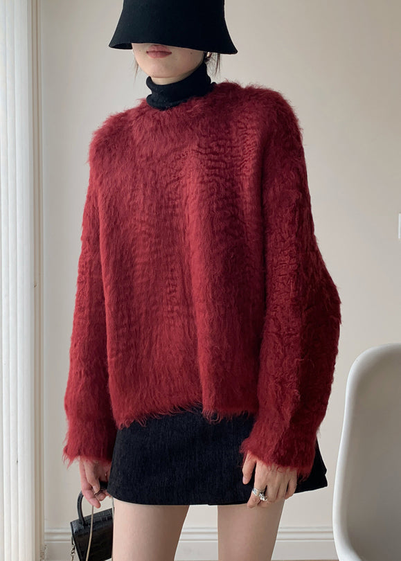 Loose Red Fluffy Knit Sweater Spring
