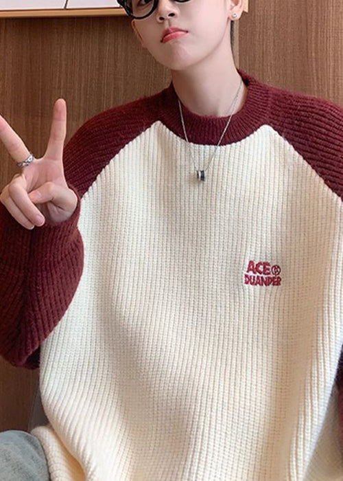 Loose Red Letter Patchwork Knit Sweater Winter
