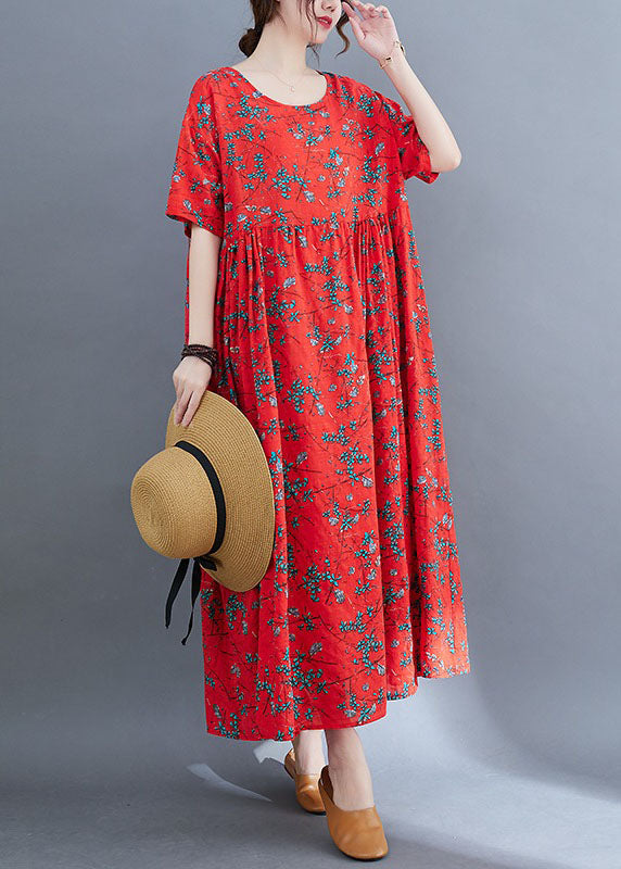Loose Red O-neck Print Exra Large Hem Wrinkled Cotton Holiday Dress Short Sleeve
