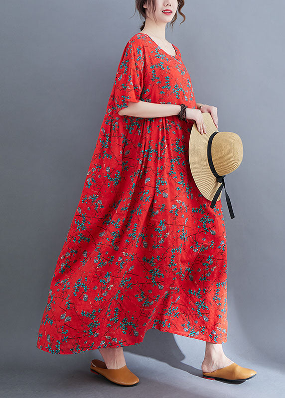 Loose Red O-neck Print Exra Large Hem Wrinkled Cotton Holiday Dress Short Sleeve