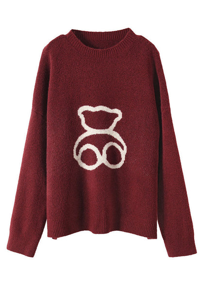 Loose Red O-neck Print Woolen Sweaters Spring