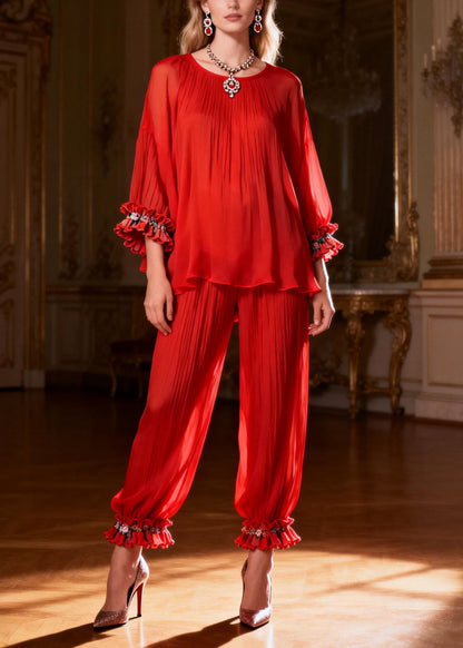 Loose Red O Neck Ruffled Tops and Crop Pants Two Piece Set Bracelet Sleeve