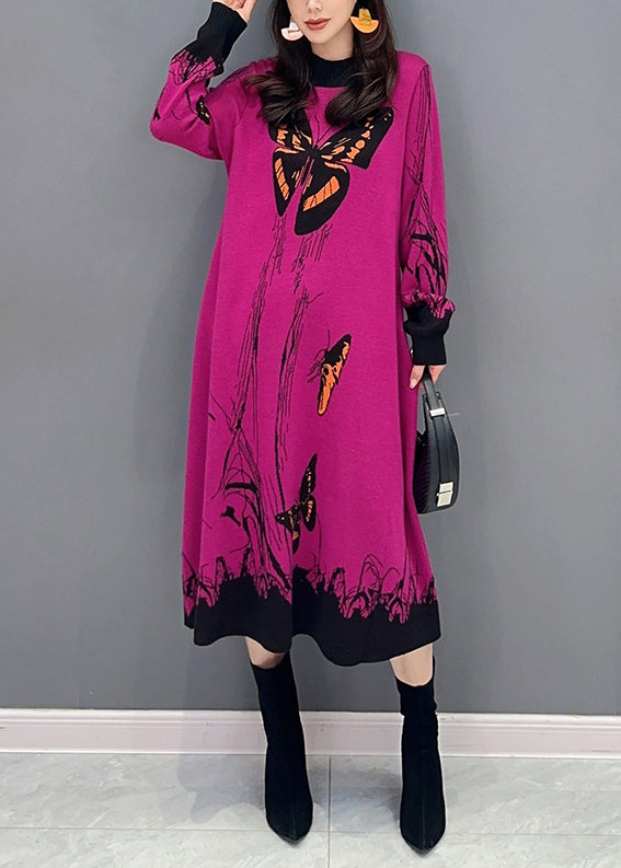 Loose Rose O-neck Print Patchwork Knit Dresses Long Sleeve