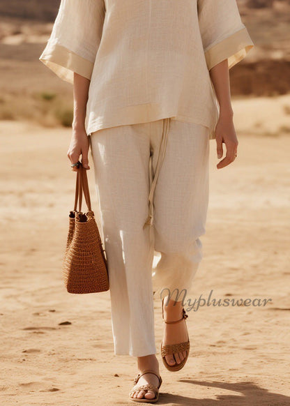 Loose V Neck Patchwork Linen Two Piece Suit Set Summer