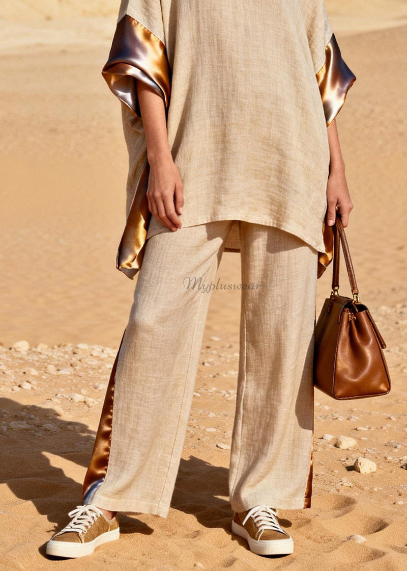 Loose V Neck Patchwork Linen Silk Two Pieces Set Summer