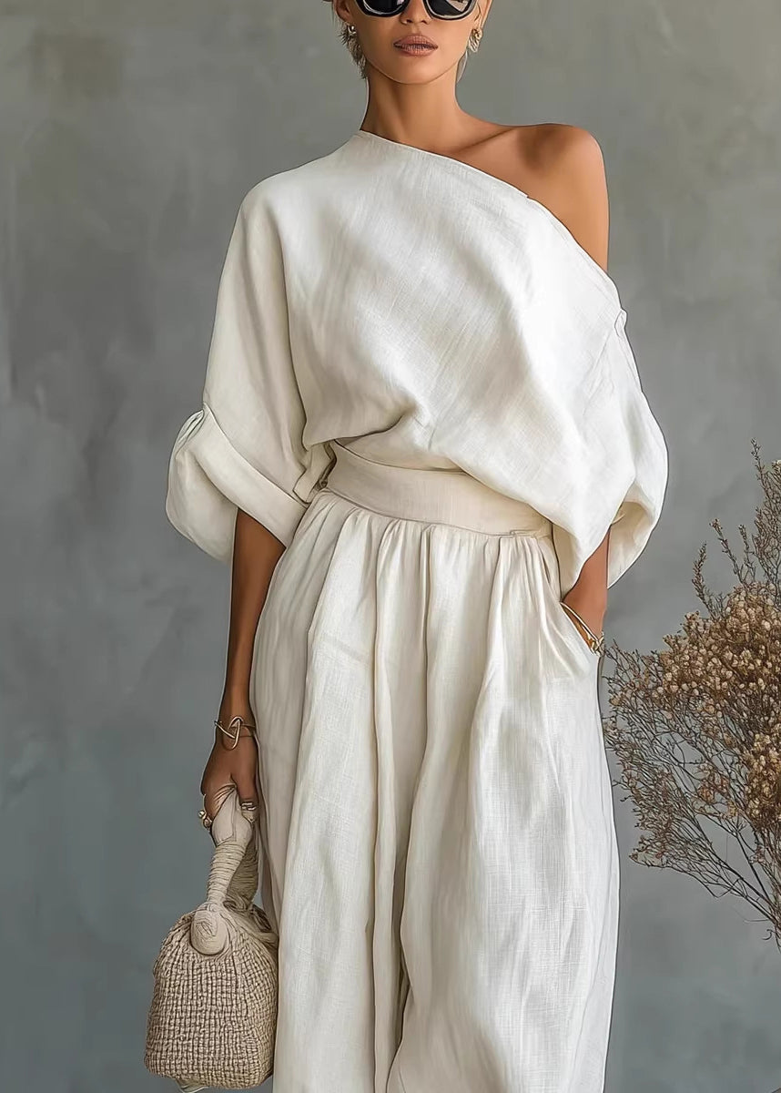 Loose White Cold Shoulder Linen Two Piece Set Clothing Summer