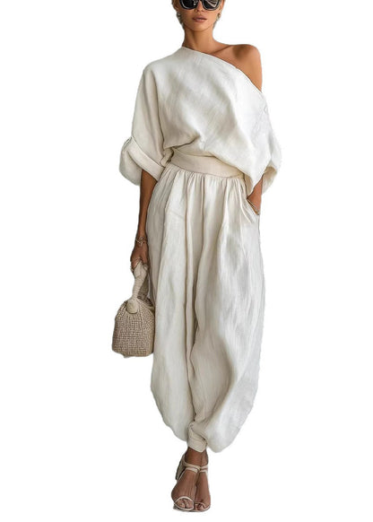 Loose White Cold Shoulder Linen Two Piece Set Clothing Summer