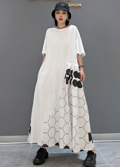 Loose White O-neck Asymmetrical Patchwork Wrinkled Dot Cotton Vacation Dresses Short Sleeve
