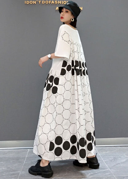 Loose White O-neck Asymmetrical Patchwork Wrinkled Dot Cotton Vacation Dresses Short Sleeve