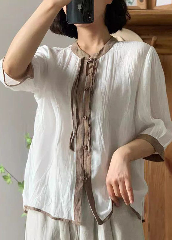 Loose White O-neck Button Linen Shirt Bracelet Sleeve