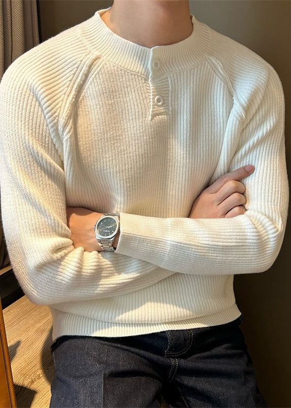 Loose White O Neck Button Knit Sweaters Fall