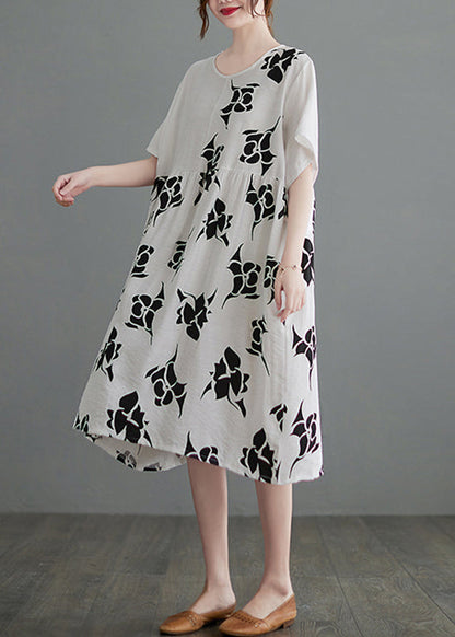 Loose White O-neck Cinched Asymmetrical Design Print Dresses Short Sleeve
