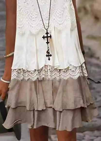 Loose White O-neck Lace Patchwork Mid Dress Sleeveless