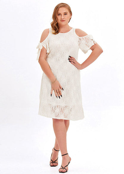 Loose White O-neck Lace Mid Dresses Summer