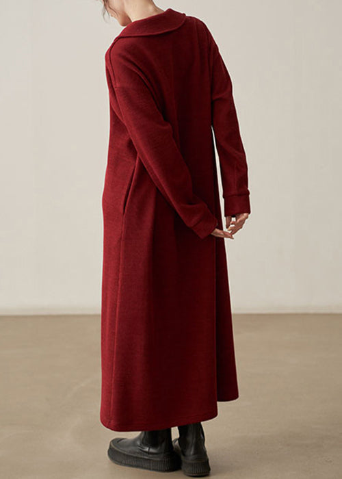 Loose Wine Red Pockets Cozy Cotton Knit Long Dresses Fall