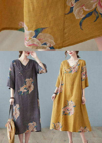 Loose Yellow V Neck Print Summer Party Dresses Half Sleeve