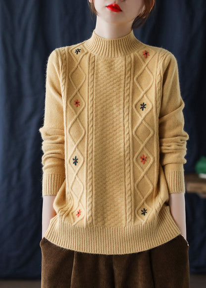 Loose Yellow Embroideried Knit Sweaters Winter