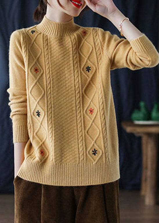 Loose Yellow Embroideried Knit Sweaters Winter