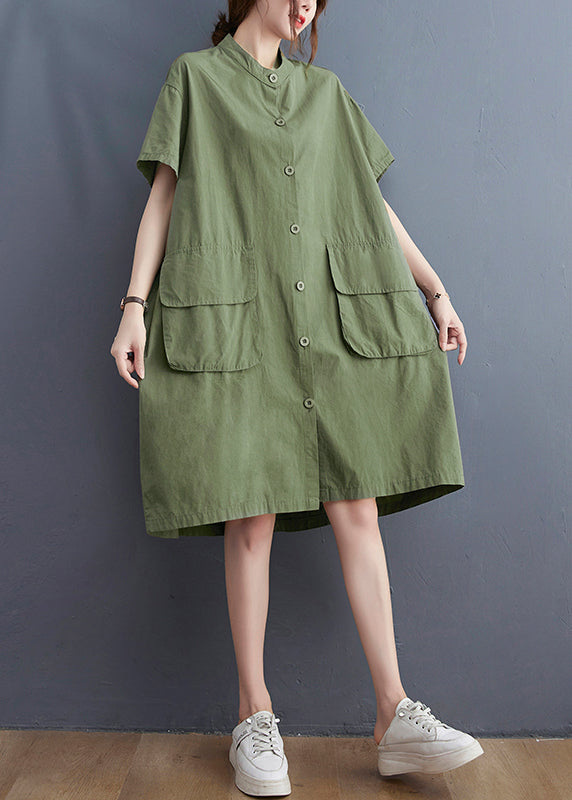 Loose Yellow Stand Collar Button Pockets Dress Short Sleeve