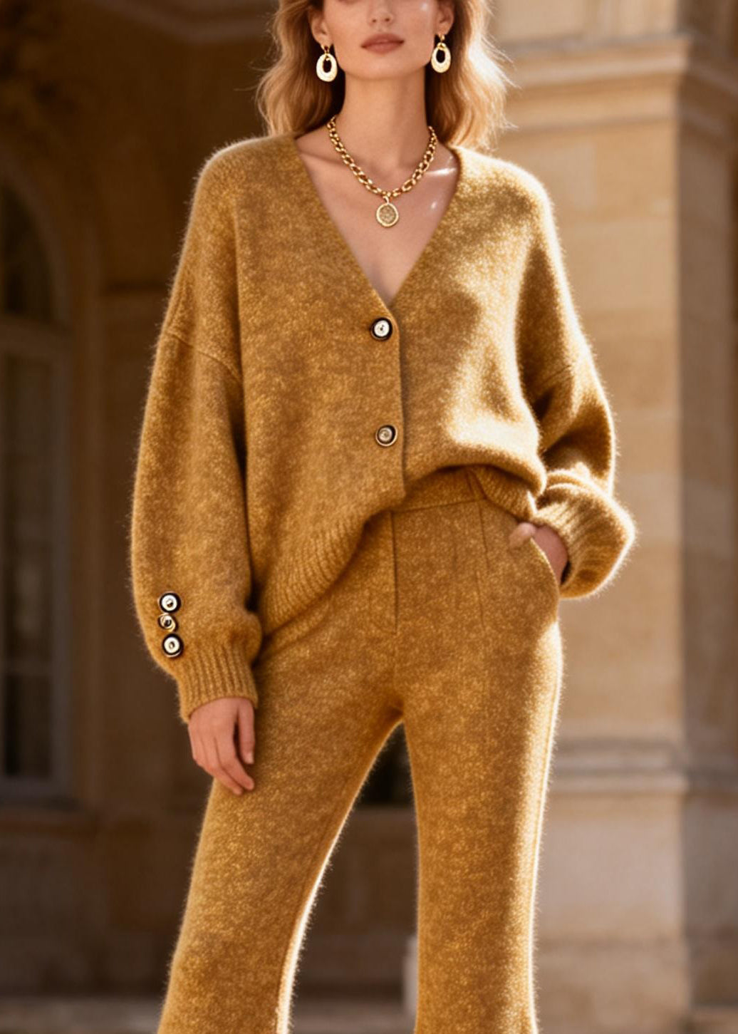 Loose Yellow V Neck Cotton Knit Cardigans and Flared Trousers Two Pieces Set Spring
