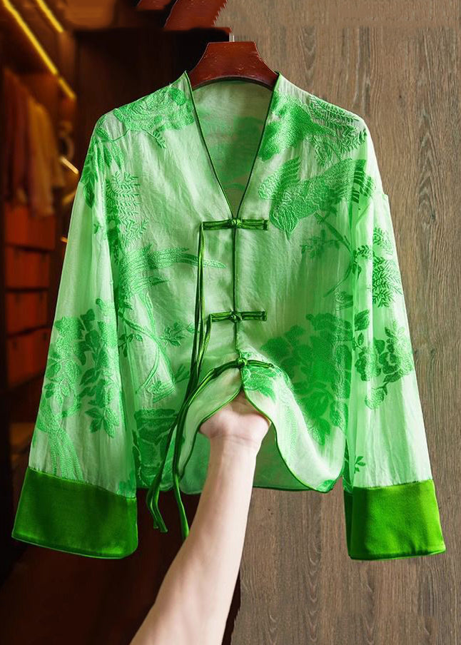 Loose Green Flowers V Neck Embroidered Button Silk Shirts Spring