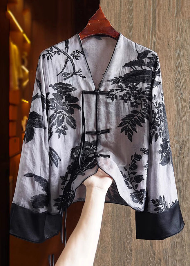 Loose Green Flowers V Neck Embroidered Button Silk Shirts Spring