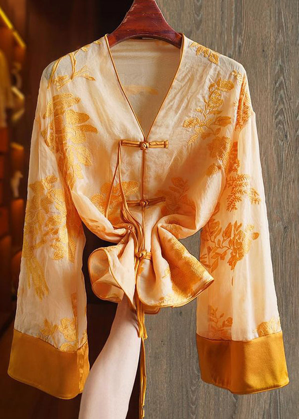 Loose Green Flowers V Neck Embroidered Button Silk Shirts Spring