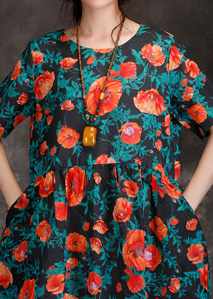 Loose Black Print Linen Long Shirts Fitted Wardrobes V Neck Cinched Long Summer Dresses