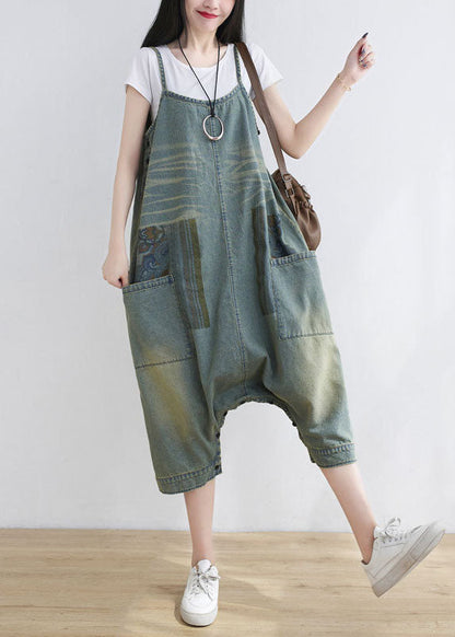 Loose Light Blue Pockets Print Denim Jumpsuit Spring