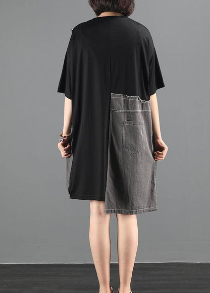 Loose O Neck Summer Tunic Top Runway Black Patchwork Denim Dress