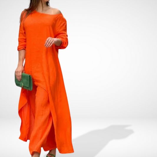 CD | Ansamblu feminin cu bluză asimetrică, fluidă și pantaloni largi
