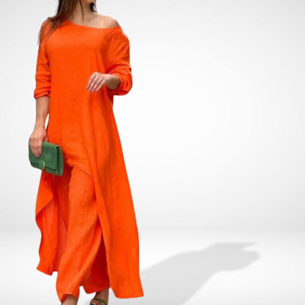 CD | Ansamblu feminin cu bluză asimetrică și pantaloni largi
