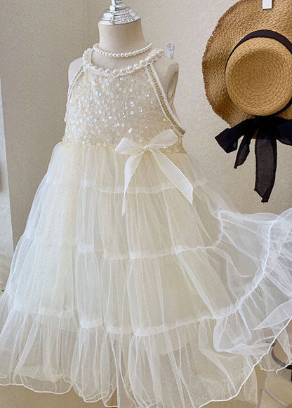 Beige Sequins Nail Bead Wrinkled Patchwork Tulle Baby Princess Dress Summer