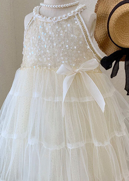 Beige Sequins Nail Bead Wrinkled Patchwork Tulle Baby Princess Dress Summer