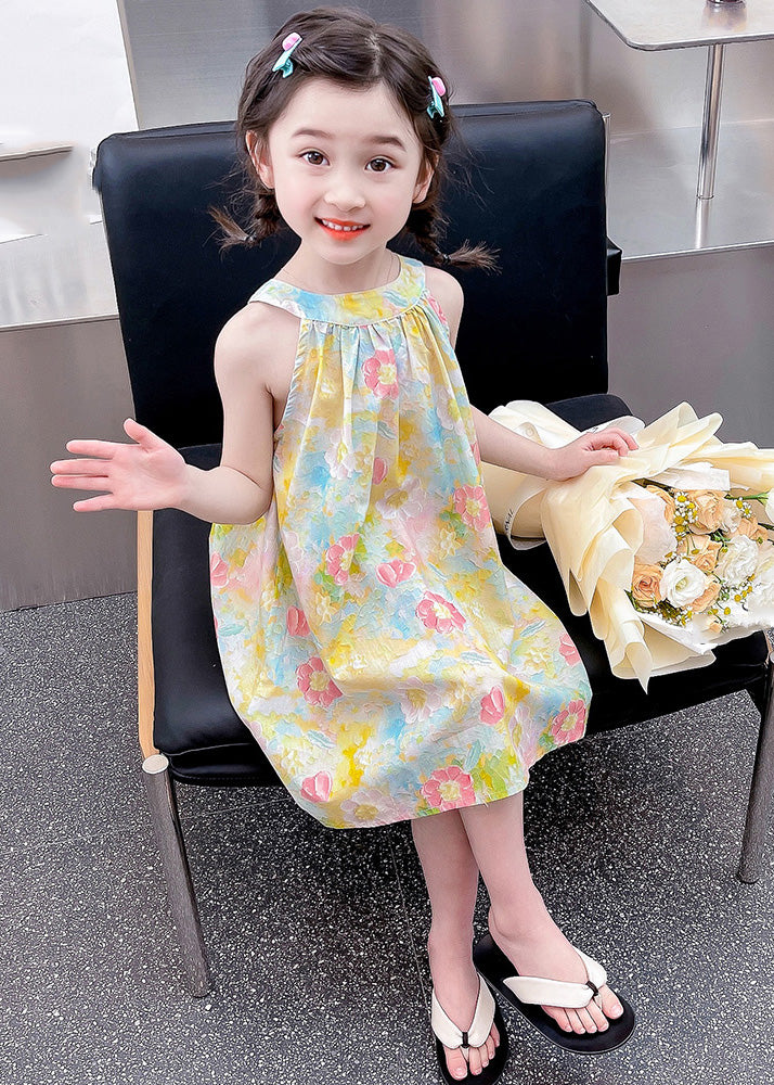 O-neck Print Cotton Slip Mid Dress Sleeveless