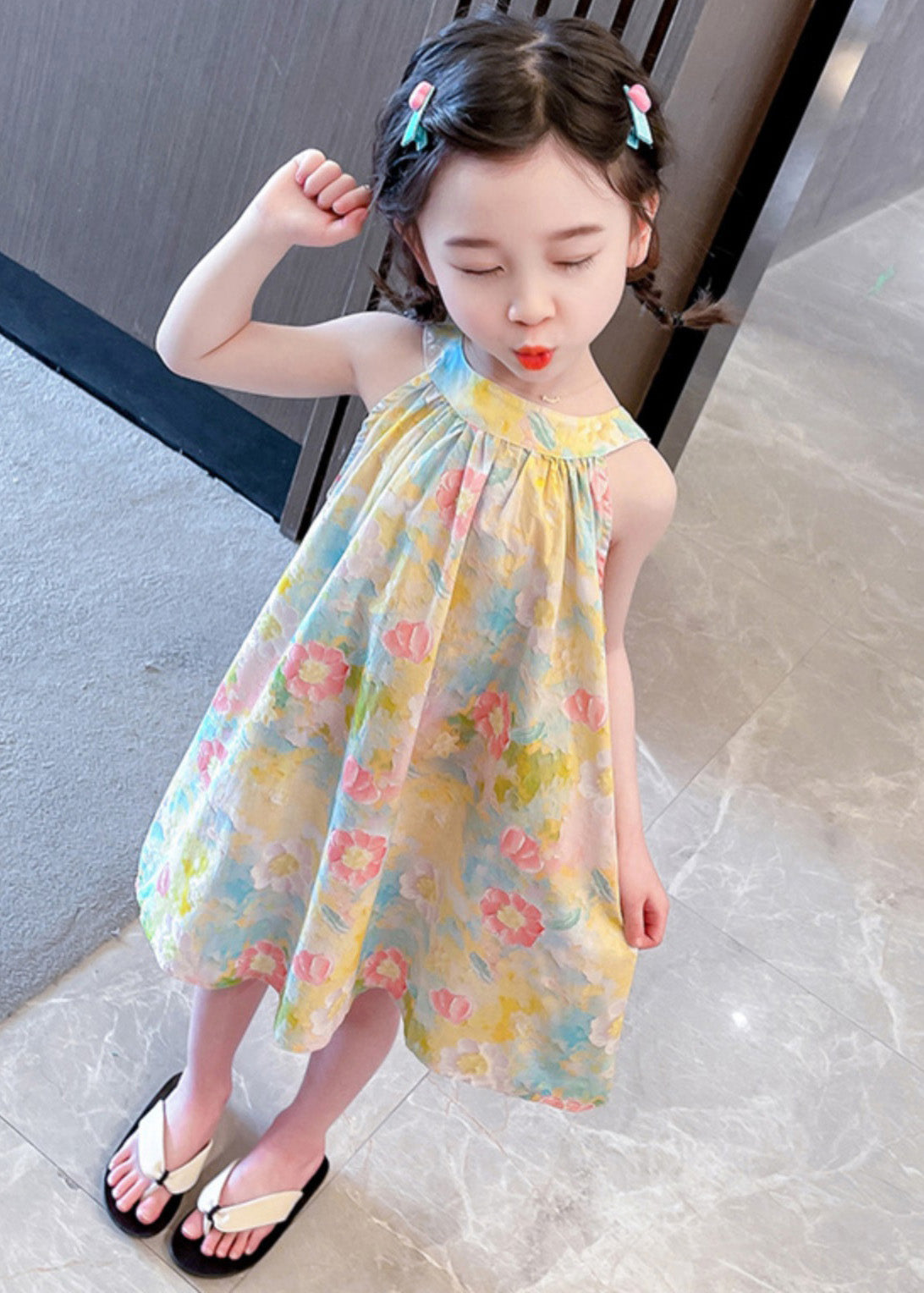 O-neck Print Cotton Slip Mid Dress Sleeveless