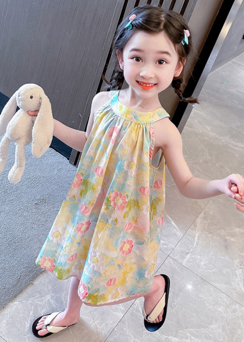 O-neck Print Cotton Slip Mid Dress Sleeveless