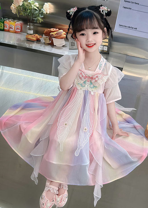 Pink Embroideried Butterfly Patchwork Chiffon Kids Dresses Summer