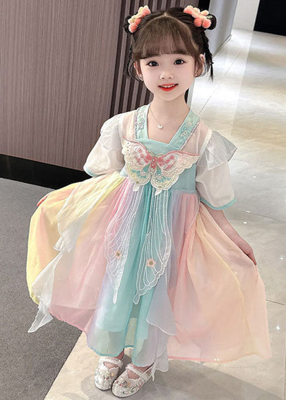 Pink Embroideried Butterfly Patchwork Chiffon Kids Dresses Summer
