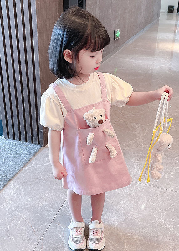 Pink O Neck Patchwork Cotton Kids Dresses Summer