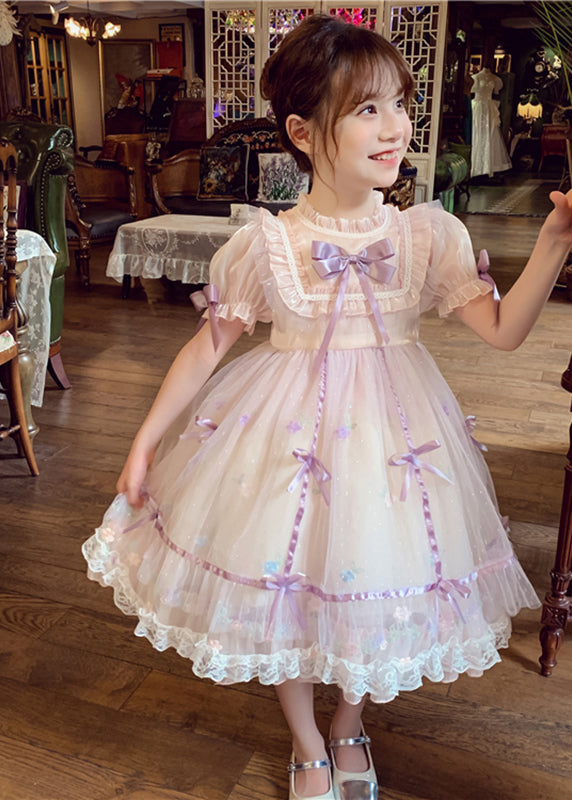 Pink Patchwork Wrinkled Bow Tulle Kids Mid Dress Short Sleeve