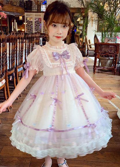 Pink Patchwork Wrinkled Bow Tulle Kids Mid Dress Short Sleeve