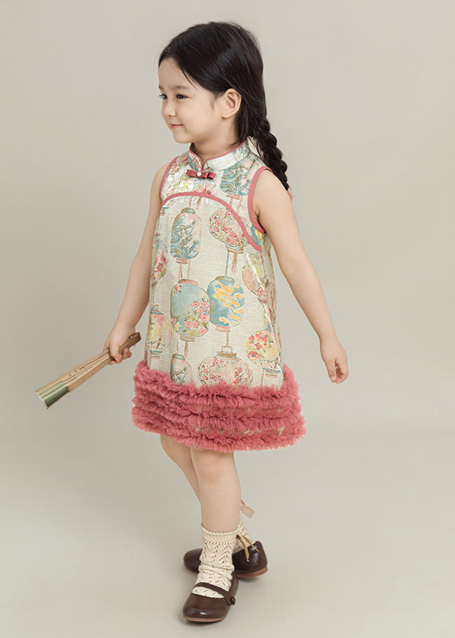 Pink Print Tulle Patchwork Mid Dress Summer
