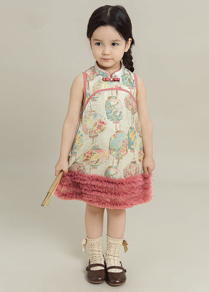 Pink Print Tulle Patchwork Mid Dress Summer
