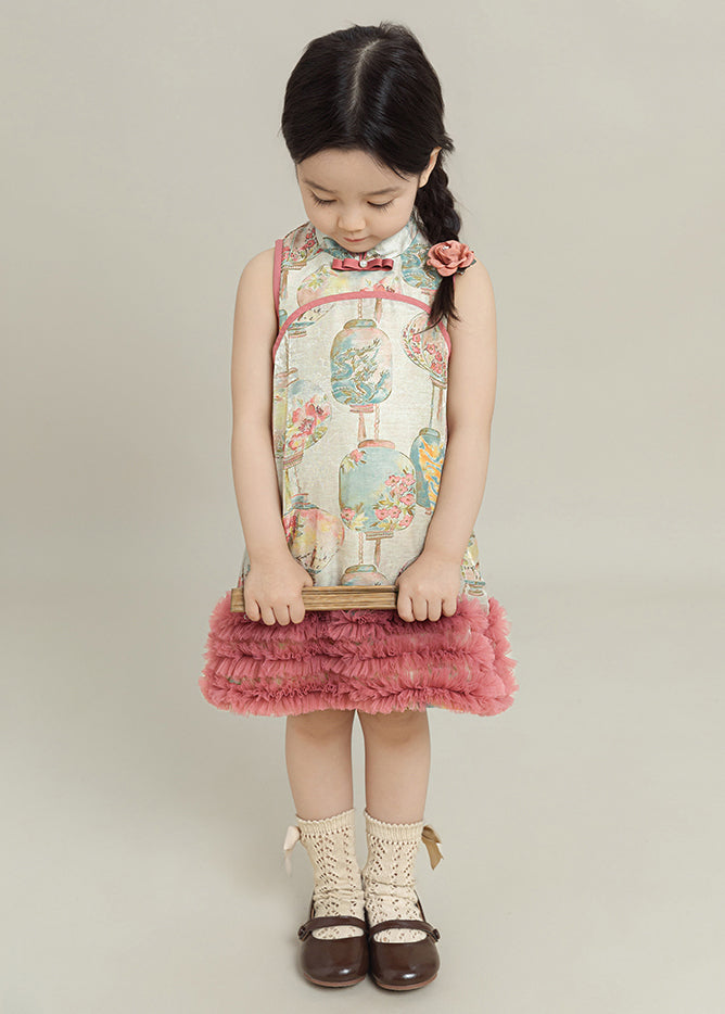 Pink Print Tulle Patchwork Mid Dress Summer