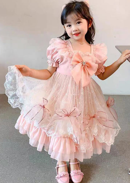 Pink Ruffled Bow Patchwork Tulle Baby Princess Dress Summer