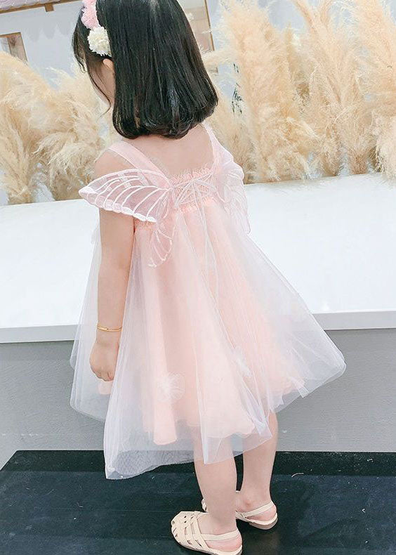Pink Wrinkled Patchwork Tulle Kids Dresses Summer