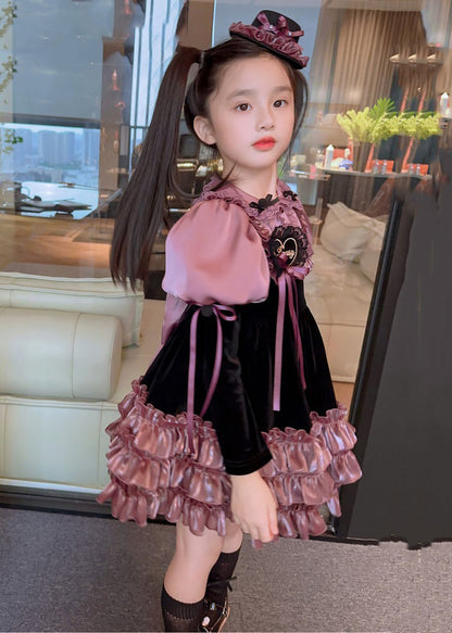 Purple Ruffled Patchwork Silk Velour Mid Dress Spring