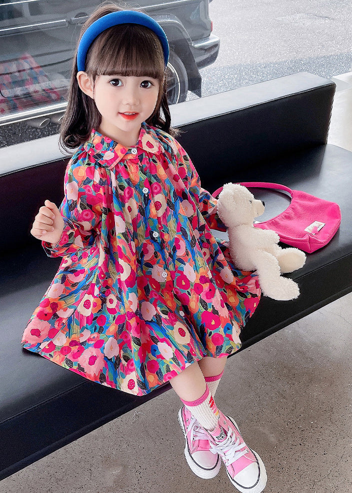 Rainbow Peter Pan Collar Print Kids Mid Dress Fall