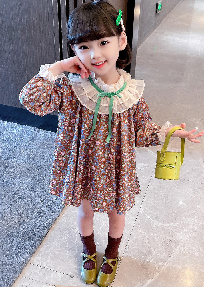 Ruffled Print Cotton Mid Dress Long Sleeve
